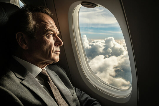 Man  looking out airplane window during flight above the clouds, peaceful travel moment, generative ai
