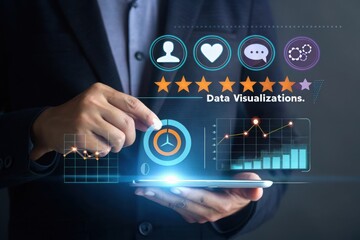 Man interacting with futuristic data visualizations on tablet