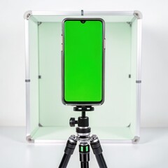 Illustration of a smartphone with a green screen on a tripod in a studio