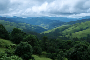 Obraz premium Lush Green Rolling Hills and Mountains under a Cloudy Sky a Scenic Landscape View from an Elevated Vantage Point showing Verdant Foliage and