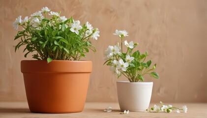 Vibrant green sprout, white blossoms in terracotta pot, garden, natural, flora