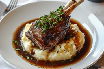 Succulent lamb shank resting atop creamy mashed potatoes with rich gravy and fresh herbs in a cozy dining environment