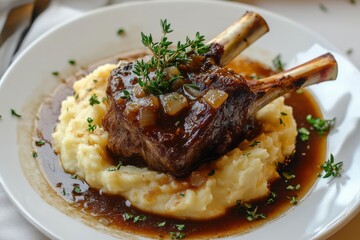 Savory lamb chops served on creamy mashed potatoes with rich gravy and fresh herbs for a delightful dining experience