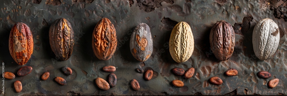 Poster a timelapse photograph showing the gradual transformation of cacao beans from moist and shiny to dry