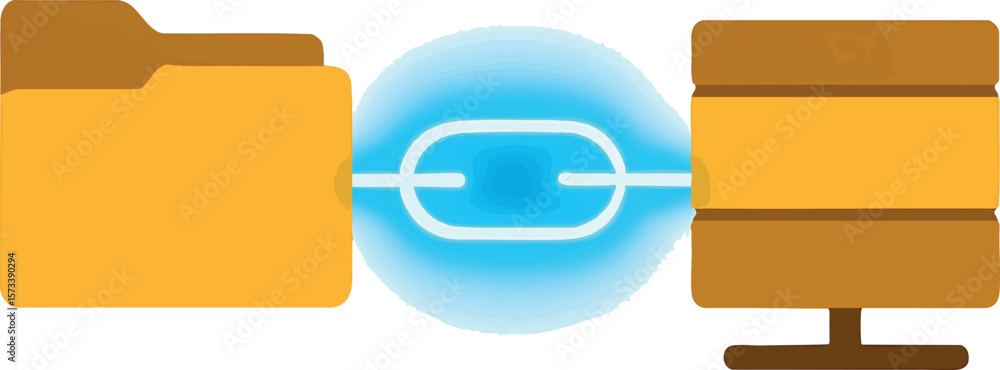 Poster flat vector glowing link chain between folders or servers, data flow integrity, isolated on white