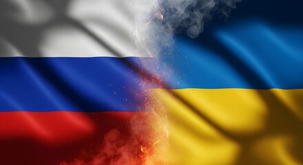 Russia and Ukraine realistic fabric flags split across canvas with sharp side lighting, swirling smoke and soft embers drifting through the scene