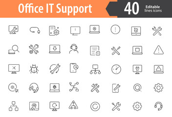 Office IT Support Line Icons, Technical Help, Computer Repair, Software Update, Network Troubleshooting, IT Tools, Editable Formats: AI, EPS, PNG, JPG, Ideal for Both Digital and Print Use
