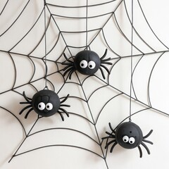 Illustration of three cute black spiders hang on a web decoration