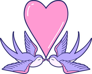 iconic tattoo style image of swallows and a heart in bright neon color
