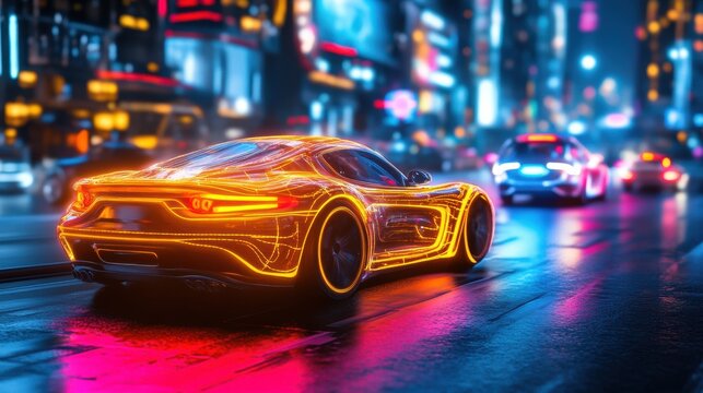 Digital city grid with neon cars zooming