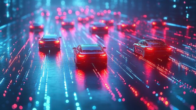 Digital city grid with neon cars zooming - Powered by Adobe