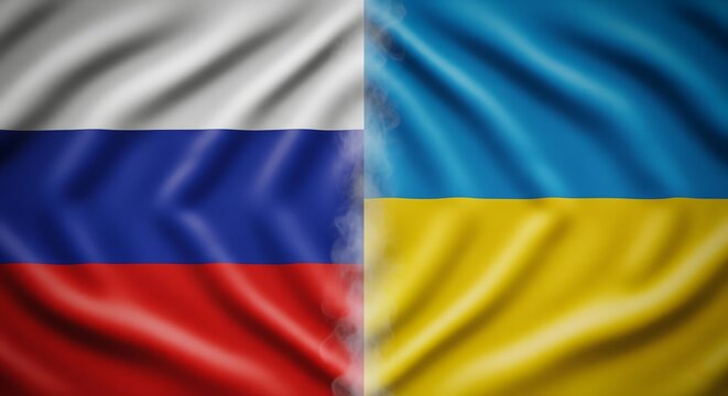 Russia and Ukraine flags side by side waving with cinematic contrast and soft smoke rising between them, symbolizing tension and division