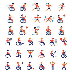Fototapeta premium Colorful icons depict diverse inclusive sports activities with wheelchair users and athletes, perfect for disability awareness and accessibility promotions.