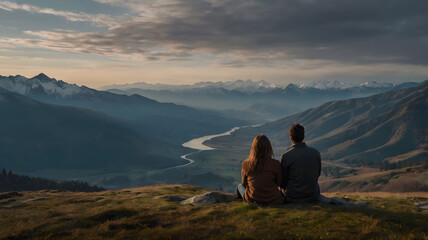 Romantic couple contemplating mountain view
