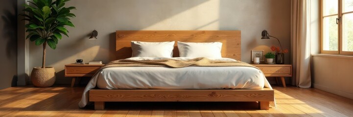 Warm wood floors, textured wallpaper, wooden headboard bed , comfort, elegant