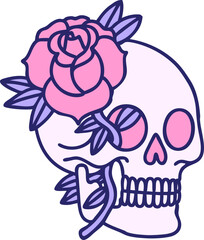 iconic tattoo style image of a skull and rose in bright neon color