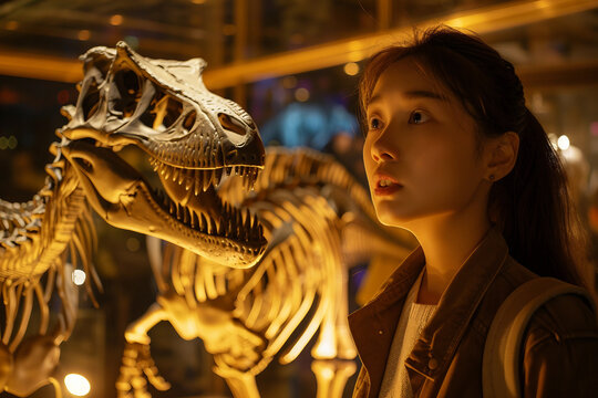 Young curious person exploring paleontology museum, Generative AI