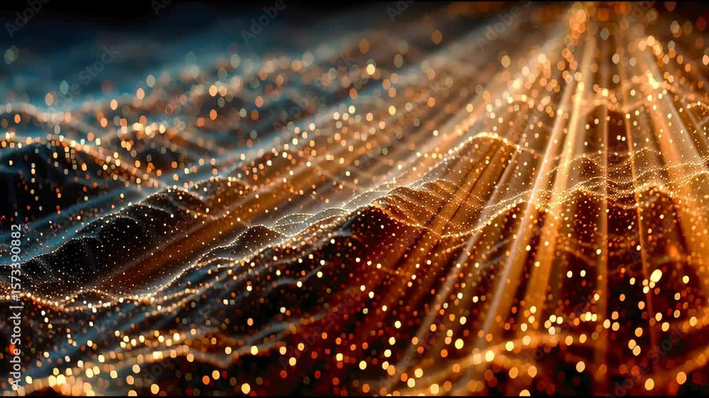 Poster abstract scene of fluid golden waves shimmering with bokeh and sparkling particles, evoking movement