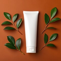 Illustration of white cosmetic tube with green leaves on brown background