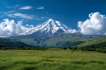 Fototapeta premium Majestic Snow Capped Mountain Peak Rising Above Lush Green Valley Under Blue Sky with Puffy White Clouds Scenic Landscape