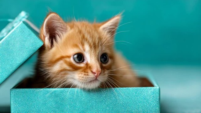blue gift box and kitten on light blue background. Cute little tabby cat. Celebration.