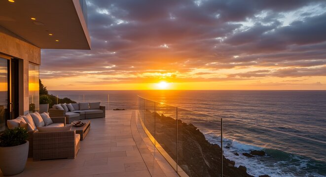 Ocean view sunset balcony luxury home design coastal living real estate travel destination paradise escape
