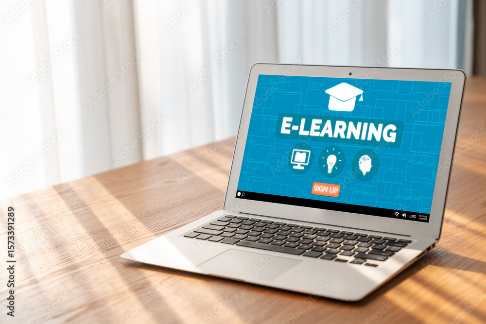 Poster e-learning website with modish sofware for student to study online on the internet network