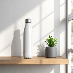 Illustration of white stainless steel water bottle on wooden shelf