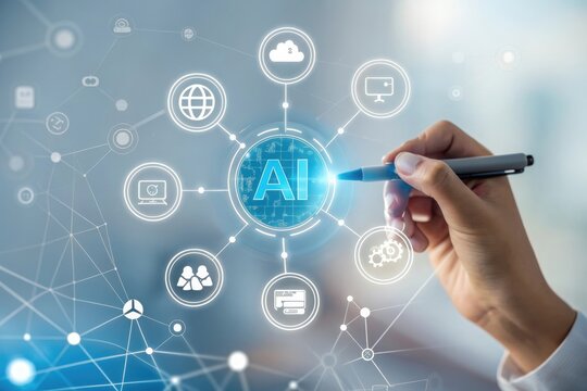 Person interacting with ai network and digital icons - Powered by Adobe