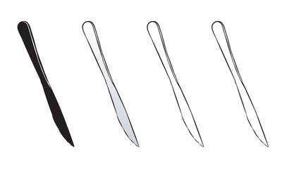 Set of four table knives in black, gray, and white. Isolated on a transparent background.