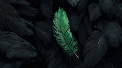 A single green feather centered in a bed of deep black feathers
