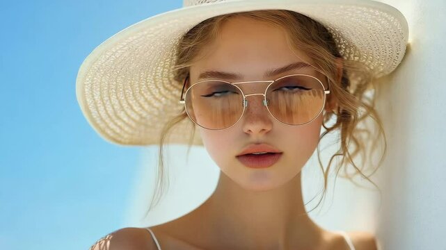 Stunning model in sunhat and sunglasses poses elegantly against a bright blue sky