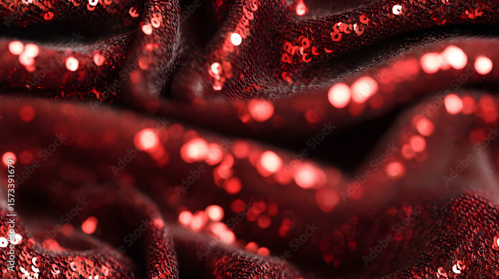 Poster festive red sequin texture background. closeup of shiny sequined fabric with disco shimmering effect