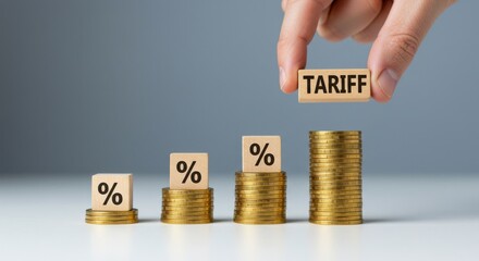 Illustration of a hand places a tariff block on top of increasing stacks of gold coins