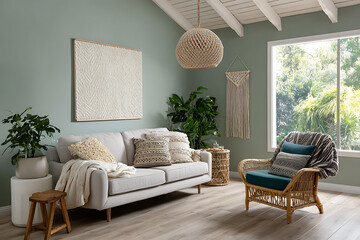 Sage Green Living Room with Light Beige Sofa Woven Wall Hanging Macrame and Rattan Armchair sage green walls