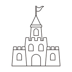 Simple vector black and white outline illustration of a sandcastle with small flag. Beach, sea, summer-themed coloring activity for kids, for printable  worksheets and crafts. Hand drawn. Line art.