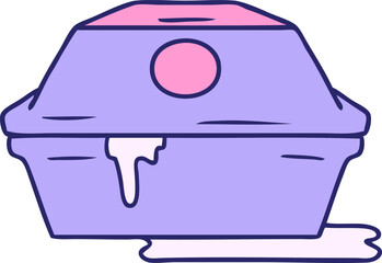 hand drawn cartoon doodle of a fast food burger container in bright neon color