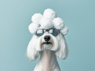 Stylish White Dog Wearing Sunglasses With a Cloud Hat on Blue BackgroundStylish White Dog Wearing Sunglasses With a Cloud Hat on Blue Background