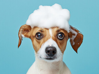 Cute Dog Covered in Soap Bubbles Against a Light Blue Background