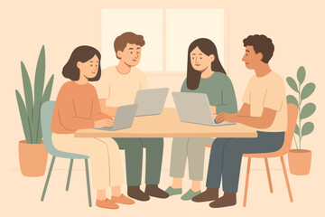 Group of Friends Studying Together with Laptops Illustration