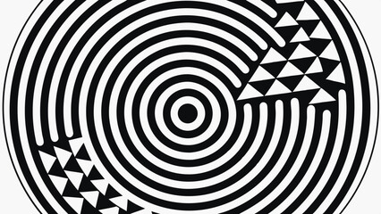 Abstract black and white circular pattern with geometric triangle accents