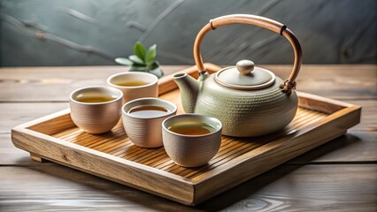 Minimal Japanese Tea Set on Wooden Tray