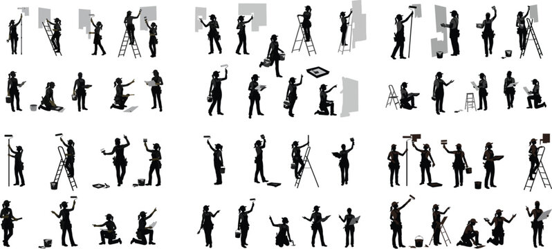 Painter Silhouette Mega Set. Large collection of women decorating, doing home improvement, and working as artists on easels.