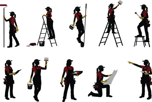 Woman Painter and Decorator Silhouette Set. Female handywoman doing home improvement and renovation.