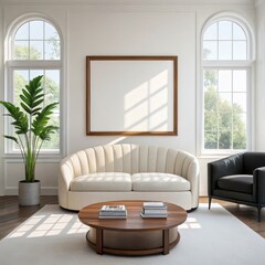 Illustration of elegant living room with a cream sofa and armchair