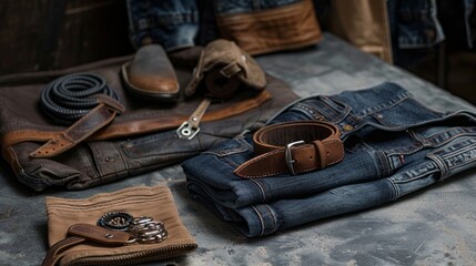 A curated collection of vintage-inspired clothing and accessories, blending rugged style with classic craftsmanship in a timeless and evocative composition, celebrating enduring fashion.