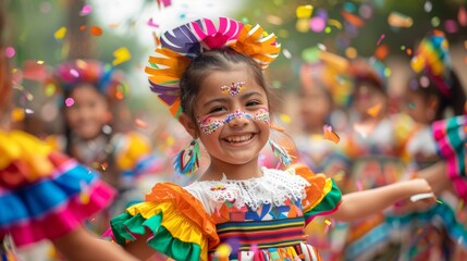 Smiling Young Girl in Colorful Folkloric Costume Celebrating with Confetti at Mexican Festival