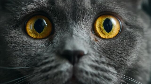 Cute cat in 4K, staring in surprise with big yellow eyes, emotional reaction
