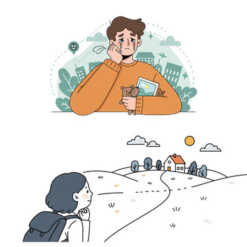 Nostalgic graphic featuring a sad boy longing for home, evoking themes of longing, homesickness, and childhood memories in a conceptual design.