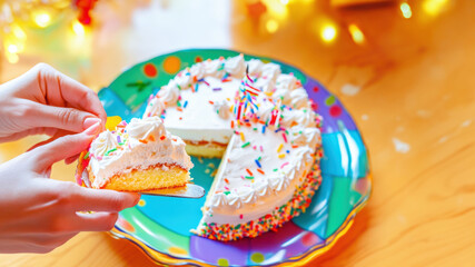 Celebratory moment with hands holding a slice of birthday cake on a colorful plate